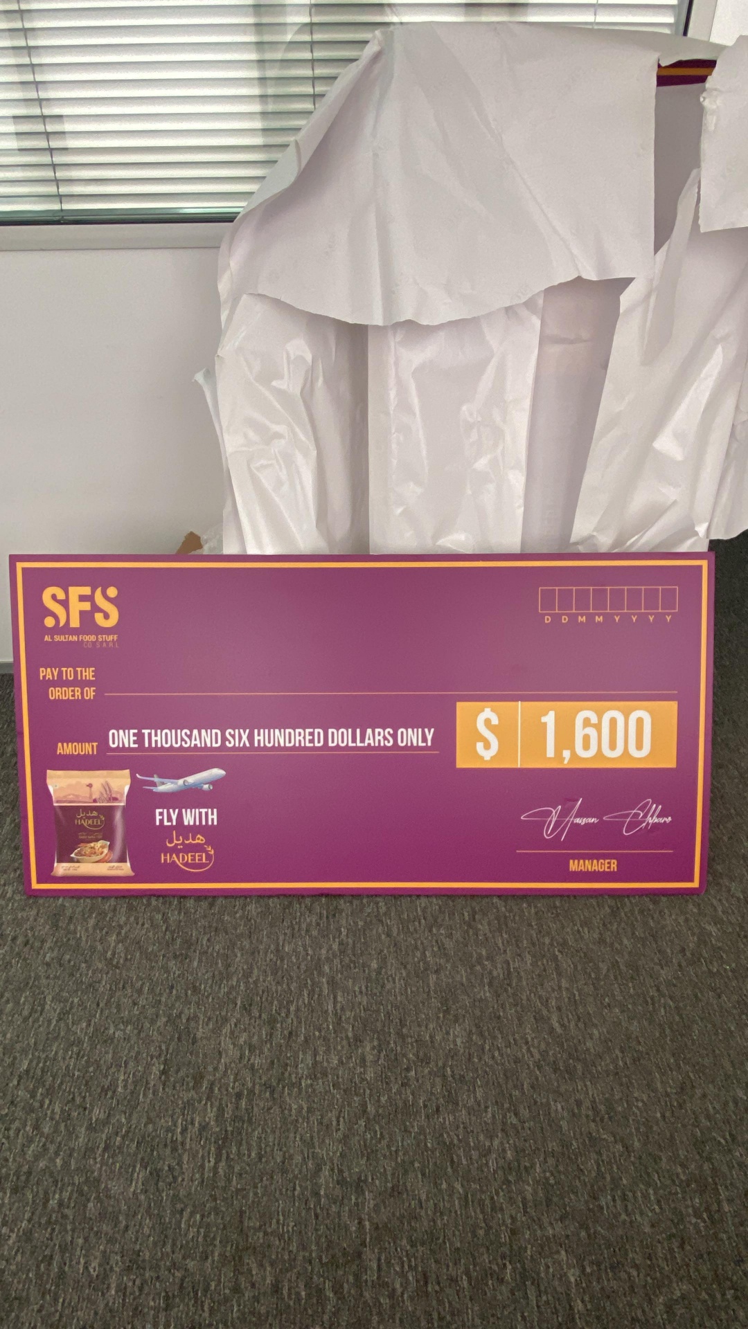 Hadeel Rice lottery giveaway winner cheque for 1,600 USD